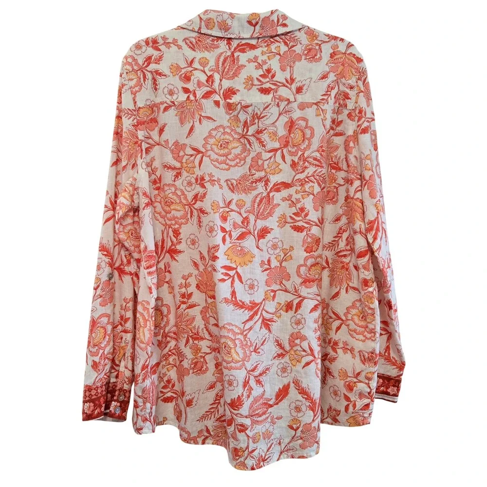 Rachel Zoe Womens XL Orange Floral 100% Linen Button Down Shirt European Flax - Picture 9 of 9